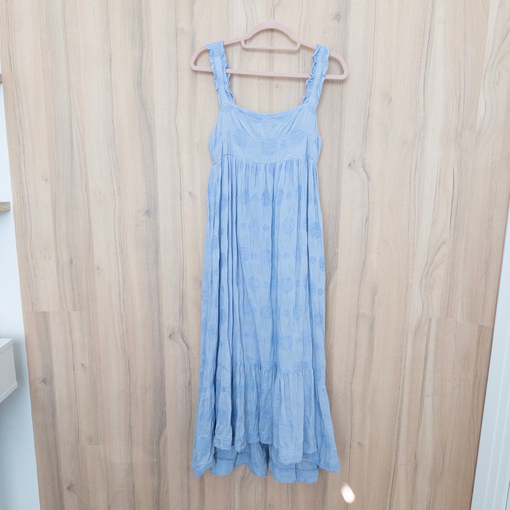 Miou Muse Tiered Maxi Dress S Blue Ruffle Strap Tie Back Boho Cottage Prairie